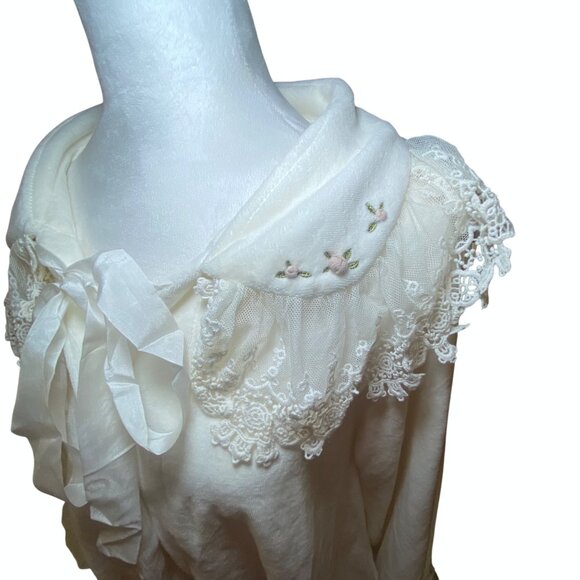 Ivory Cream Lace Collar Bed Jacket Floral Embroidery Romantic Cottagecore - Picture 4 of 11